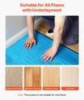 Person installing Rock Solid No Sweat Floor Underlayment 600 Square Feet 2 Mm Thick EPE Foam Padding with multiple flooring samples.