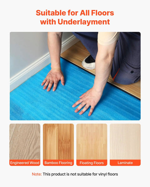 Person installing Rock Solid No Sweat Floor Underlayment 600 Square Feet 2 Mm Thick EPE Foam Padding with multiple flooring samples.