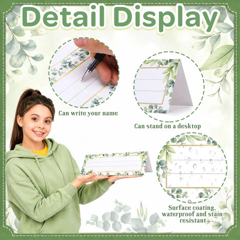 Woman holding 48 Pcs Tented Desk Nameplates Set For Students, 9 By 3 Inch Eucalyptus Style Reusable Name Tags, kid friendly display.