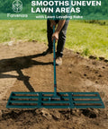 Person using Heavy Duty Lawn And Yard Leveling Rake 45 Inch By 10 Inch With Wall Mount Hook for leveling soil in garden.