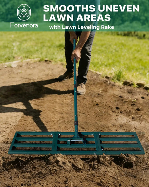 Person using Heavy Duty Lawn And Yard Leveling Rake 45 Inch By 10 Inch With Wall Mount Hook for leveling soil in garden.