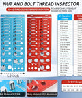 Nut And Bolt Size Finder And Thread Checker Kit With 62 Thread Sizes, 25 Metric And 25 SAE Gauges, Plus 12 Drill Bit Gauges chart.