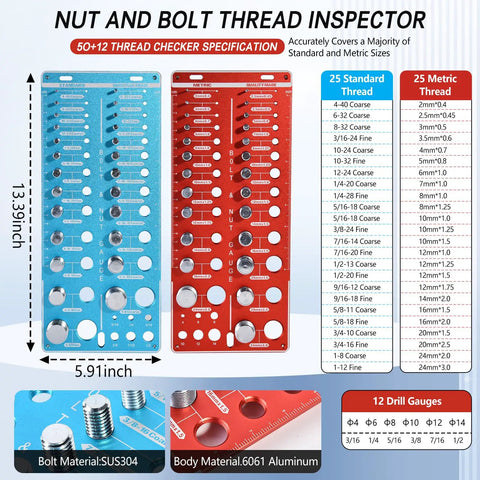 Nut And Bolt Size Finder And Thread Checker Kit With 62 Thread Sizes, 25 Metric And 25 SAE Gauges, Plus 12 Drill Bit Gauges chart.