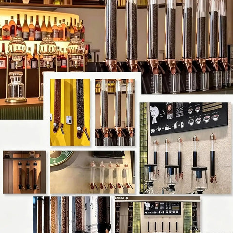 Wall Mounted Coffee Bean Dispenser With Adjustable Flow Valve For Candy Oatmeal And Bulk Tea Storage Clear Glass Jar displayed in a cafe setting.