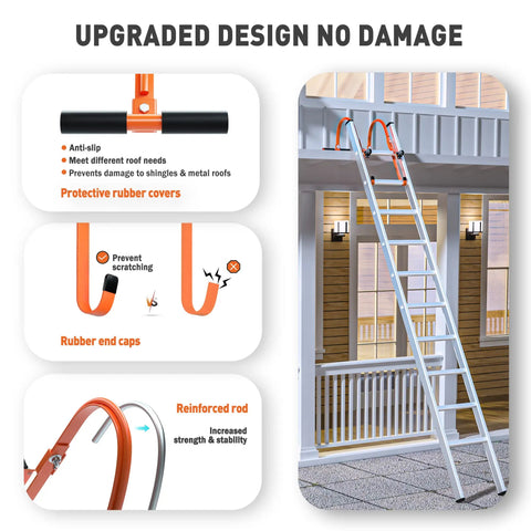 Ladder roof hook 2 pack with wheel heavy duty steel stabilizer in use, showing rubber grip T bar for damage prevention on steep roofs.