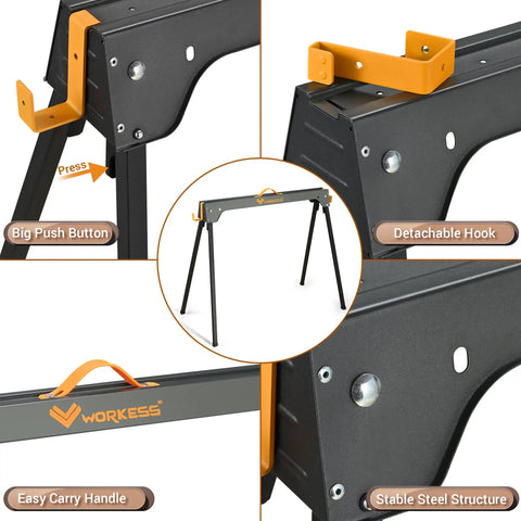 Heavy Duty Folding Saw Horses 2 Pack Portable Work Table Stand 2200 Lb Load Capacity With Quick Open Legs And 2x4 Support