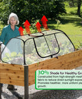 Pop Up Garden Mesh Cover For Raised Beds 45 By 18 By 20 Inches Plant Protector Cage on raised garden bed with red arrows.