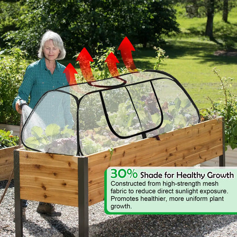 Pop Up Garden Mesh Cover For Raised Beds 45 By 18 By 20 Inches Plant Protector Cage on raised garden bed with red arrows.