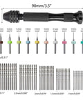 Pro Grade 61 Piece Pin Vise Drill Set with size chart and micro twist bits for jewelry making and precise drilling in crafts.