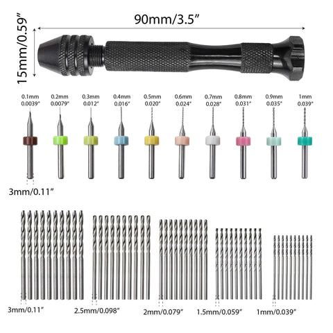 Pro Grade 61 Piece Pin Vise Drill Set with size chart and micro twist bits for jewelry making and precise drilling in crafts.
