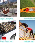 Beefy Heavy Duty Cargo Net for Hauling and Securing Gear displayed in various uses, including truck fixing and cargo lifting.
