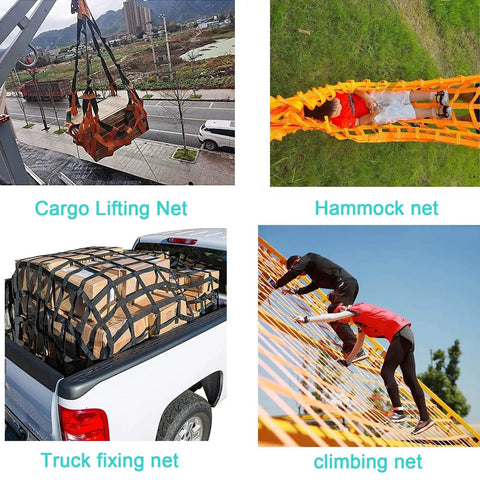 Beefy Heavy Duty Cargo Net for Hauling and Securing Gear displayed in various uses, including truck fixing and cargo lifting.