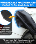Close-up of Tough As Nails EV Charger Port Cover with secure magnetic lock, featuring sturdy fit for steel-bodied EVs.