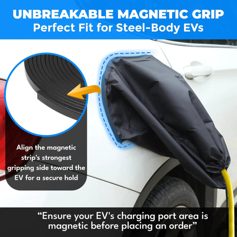 Close-up of Tough As Nails EV Charger Port Cover with secure magnetic lock, featuring sturdy fit for steel-bodied EVs.