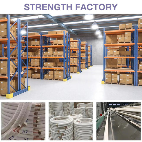 Storage area with shelves of boxes and rolls of 13 Ft Mini Split Line Set 1/4 And 3/8 Inch AC Copper Tubing Pipe for cooling installations.
