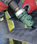 Snapper Shear Drill Attachment for Sheet Metal Cutting in use on 18-gauge steel, showing 360-degree rotating head and ergonomic grip