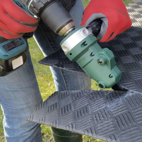 Snapper Shear Drill Attachment for Sheet Metal Cutting in use on 18-gauge steel, showing 360-degree rotating head and ergonomic grip