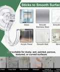 4 Pack Large Suction Cup Hooks For Doors And Windows No Tools No Fuss Wreath Hanger Upgraded 1.9 Inch Diameter Holds Up To 22 Lbs For Front Door Glass Shower Mirrors And Tile, shown on smooth surfaces with examples of unsuitable surfaces.