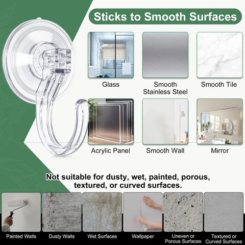 4 Pack Large Suction Cup Hooks For Doors And Windows No Tools No Fuss Wreath Hanger Upgraded 1.9 Inch Diameter Holds Up To 22 Lbs For Front Door Glass Shower Mirrors And Tile, shown on smooth surfaces with examples of unsuitable surfaces.
