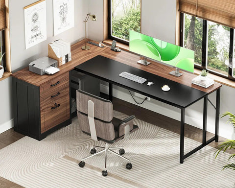 61 Inch L Shaped Desk With Wood Drawers And Lockable File Cabinet Reversible 21.7 Inch Deep Corner Computer Desk With Built In Power Outlets Walnut Finish Boss Home Office Executive Desk in modern home office setting with chair