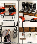 Easy Install Motorcycle Helmet Holder Wall Mount Rack With Dual Hat Stands, displaying helmets, gloves, and gear
