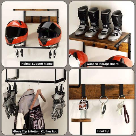 Easy Install Motorcycle Helmet Holder Wall Mount Rack With Dual Hat Stands, displaying helmets, gloves, and gear