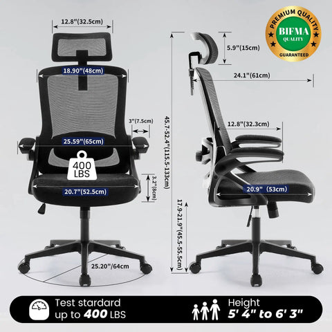 Ergonomic Office Chair With 400 Lb Weight Capacity, Ultra Comfy, Adjustable Lumbar Support, Breathable Mesh, Thick Cushioned Seat