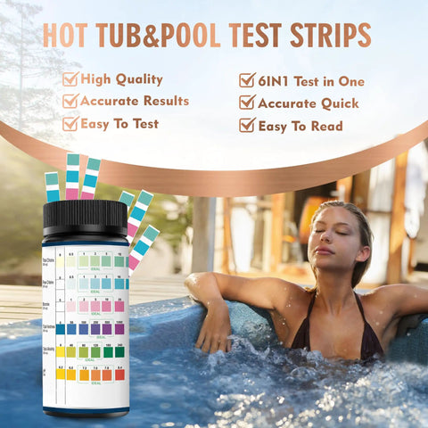 6 In 1 Pool And Spa Test Strips For Quick Water Checks Of pH Hardness Bromine And Chlorine With 100 Counts Pack For Hot Tubs Pools And Spa Maintenance bottle next to woman in hot tub.