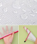 Mesh Zipper Pouch Set Of 8 Colorful Waterproof Storage Bags showing water resistance, translucent material, and size comparison.