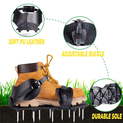 Heavy Duty Lawn Aerator Shoes With Spikes For Effortless Yard Aeration And Healthy Grass Growth Durable Lightweight Grass Spike Shoes For Lawn Garden And Yard One Size Fits All shown with adjustable buckle and durable sole