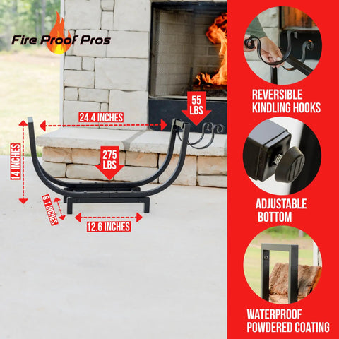 Curved 24.5 Inch Firewood Rack With Kindling Hooks For Indoor And Outdoor Use, waterproof, rustproof, stable log holder display