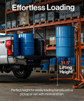 Serious Heavy Duty Hydraulic Drum Lift Crank for 55-Gallon Drums handles up to 550 pounds, loading 31.5 inch barrels with ease.