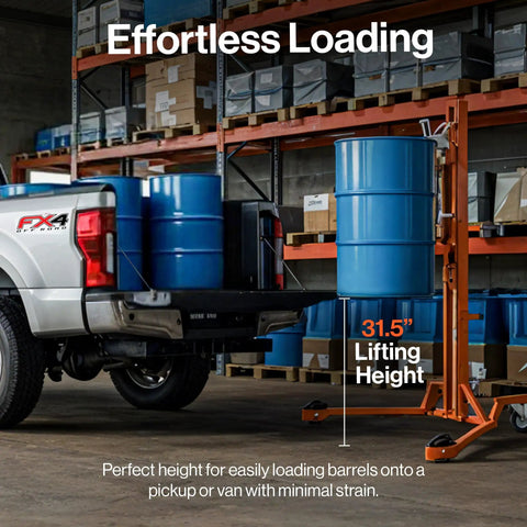 Serious Heavy Duty Hydraulic Drum Lift Crank for 55-Gallon Drums handles up to 550 pounds, loading 31.5 inch barrels with ease.