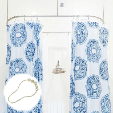 Gold Metal Shower Curtain Hooks Set 15 Pack With Five Bead Glide Rollers for ultra smooth hanging on patterned curtain.