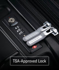 Close-up of TSA lock on Samsonite hard shell carry-on luggage