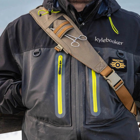 Man wearing Fly Fishing Sling Pack With Quick Access Chest Design For River Runs, Ultra Lightweight Tackle Storage With Large Capacity
