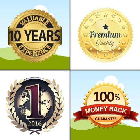 Four badges: 10 Years Experience, Premium Quality, #1 2016, 100% Money Back Guarantee on a green and blue background.