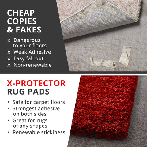 Comparison of weak adhesive on cheap copies vs strong adhesive on X-Protector Rug Pads in Ultra Thin Rug Tape For Carpets 12 Pcs Set.
