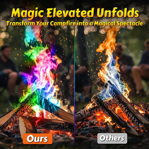 Comparison of Lit Color Changing Campfire Packets Rainbow Flames vs regular fire at camp with vibrant colors and people.