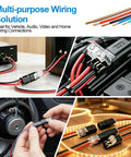 90 Pack 2 Pin Snap Wire Connectors With Heavy Duty Locking Clips And Quick Stripper Tool No Sweat Electrical Wiring Kit For LED Strip Lights and Weekend DIY Fixes used for various wiring connections in vehicles and audio systems.