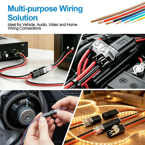 90 Pack 2 Pin Snap Wire Connectors With Heavy Duty Locking Clips And Quick Stripper Tool No Sweat Electrical Wiring Kit For LED Strip Lights and Weekend DIY Fixes used for various wiring connections in vehicles and audio systems.