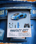 Gesture Sensing RC Car With 2.4GHz Remote And Wrist Control poster on blue mailbox, showing car and accessories for kids 6-12, blue