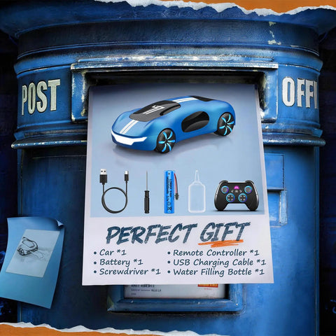 Gesture Sensing RC Car With 2.4GHz Remote And Wrist Control poster on blue mailbox, showing car and accessories for kids 6-12, blue
