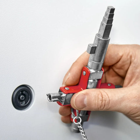 Universal Construction Control Cabinet Key with Plug In Magnetic Support being used on an electrical lock, showing die-cast zinc build