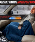 Woman in car with Cozy 12V Heated Car Blanket For Cars Trucks SUVs Or RVs Portable Electric Travel Throw For Road Trip Ready Camping Winter Weather And Cold Weather Emergencies Navy