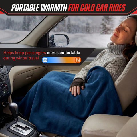 Woman in car with Cozy 12V Heated Car Blanket For Cars Trucks SUVs Or RVs Portable Electric Travel Throw For Road Trip Ready Camping Winter Weather And Cold Weather Emergencies Navy