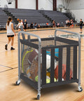 Ball Storage Bin Rolling Sports Cart With Durable Metal Frame in gym with packed sports balls, mesh design, and quiet wheels.