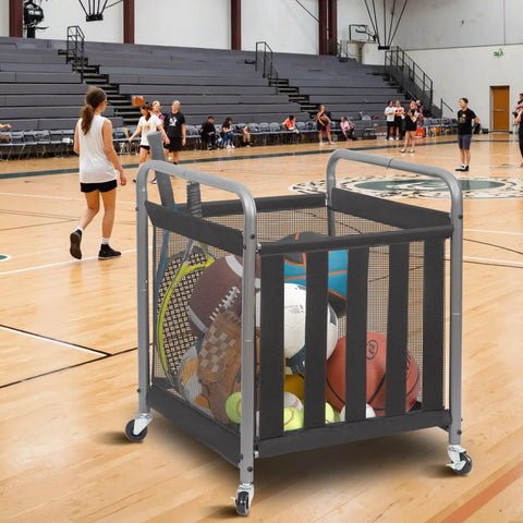 Ball Storage Bin Rolling Sports Cart With Durable Metal Frame in gym with packed sports balls, mesh design, and quiet wheels.