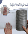 Hands holding Built Tough 304 Stainless Steel Wire Mesh Roll 5 Inch By 30 Foot, Double Layer Flexible Gap Blocker For Rodents And Pests.