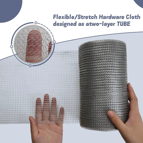 Hands holding Built Tough 304 Stainless Steel Wire Mesh Roll 5 Inch By 30 Foot, Double Layer Flexible Gap Blocker For Rodents And Pests.